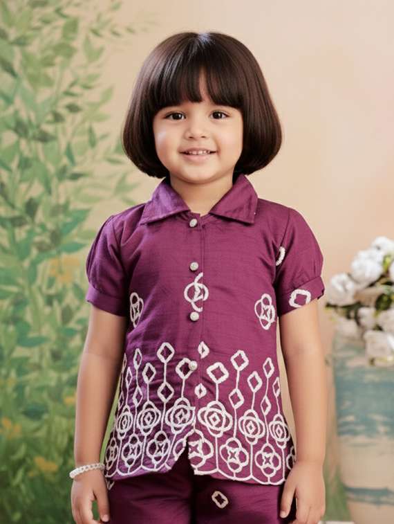 girls solid with work short sleeve top & palazzo co-ord set - 22280313 -  Standard Image - 1
