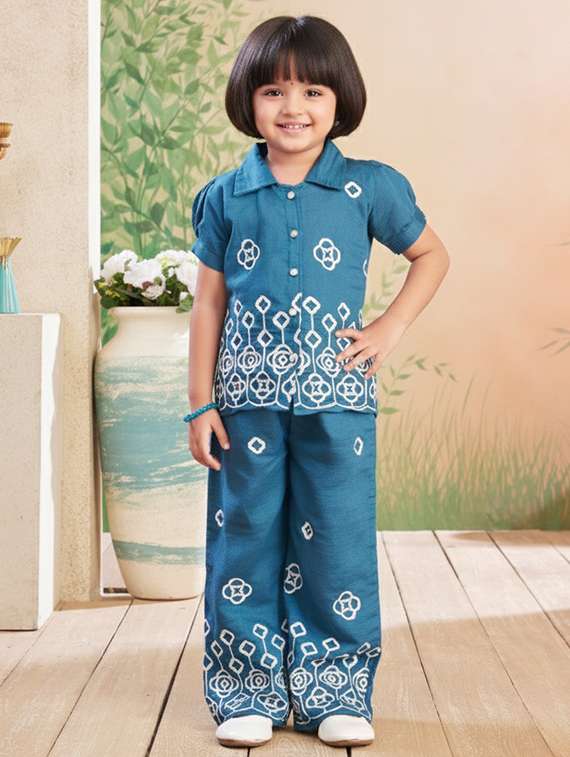 girls solid with work short sleeve top & palazzo co-ord set