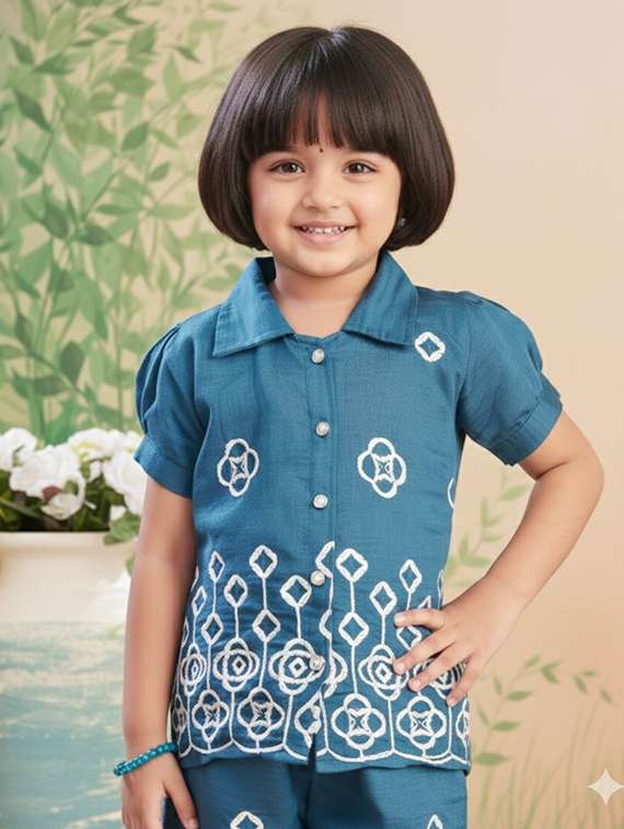 girls solid with work short sleeve top & palazzo co-ord set - 22280315 -  Standard Image - 1