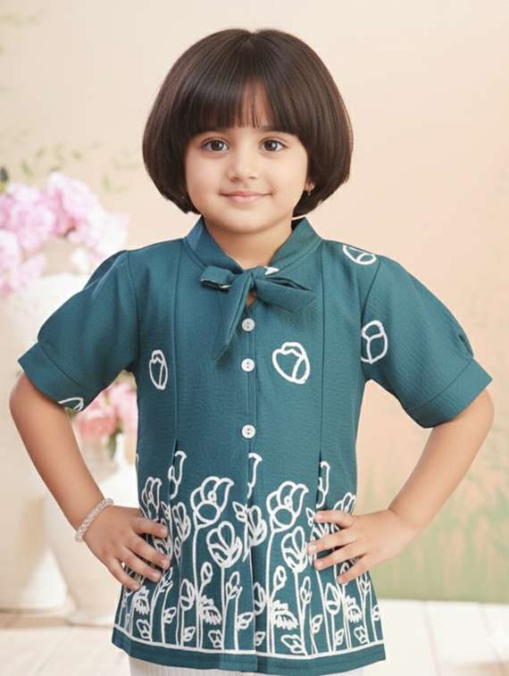 girls solid with work short sleeve top & trouser co-ord set - 22280323 -  Standard Image - 1