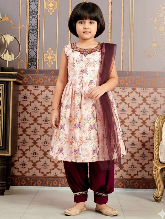 girls printed kurta and salwar with dupatta set