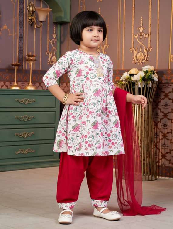 girls printed kurta and salwar with dupatta set - 22280365 -  Standard Image - 1