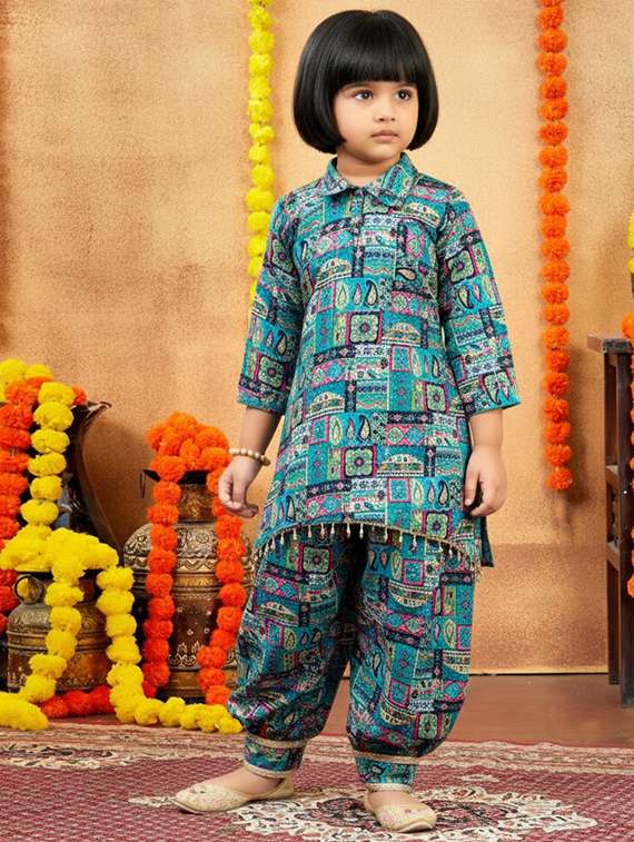 girls printed collared kurta and salwar set 