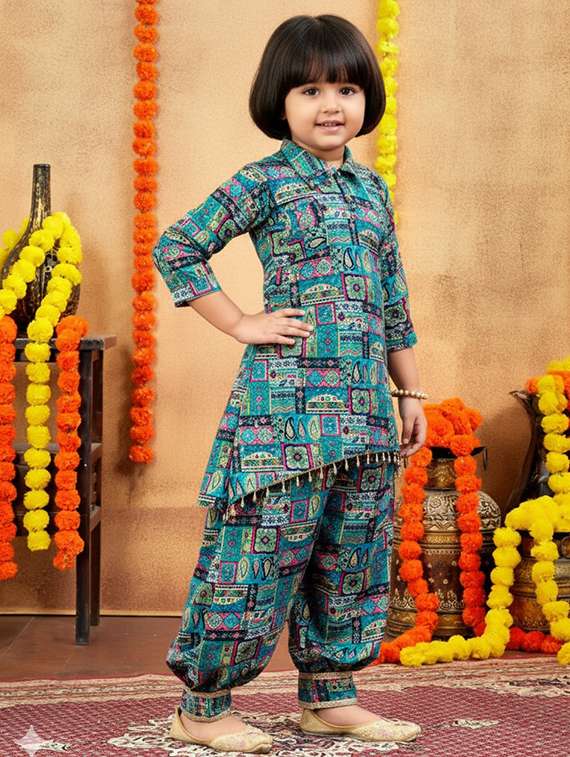 girls printed collared kurta and salwar set  - 22280367 -  Standard Image - 1