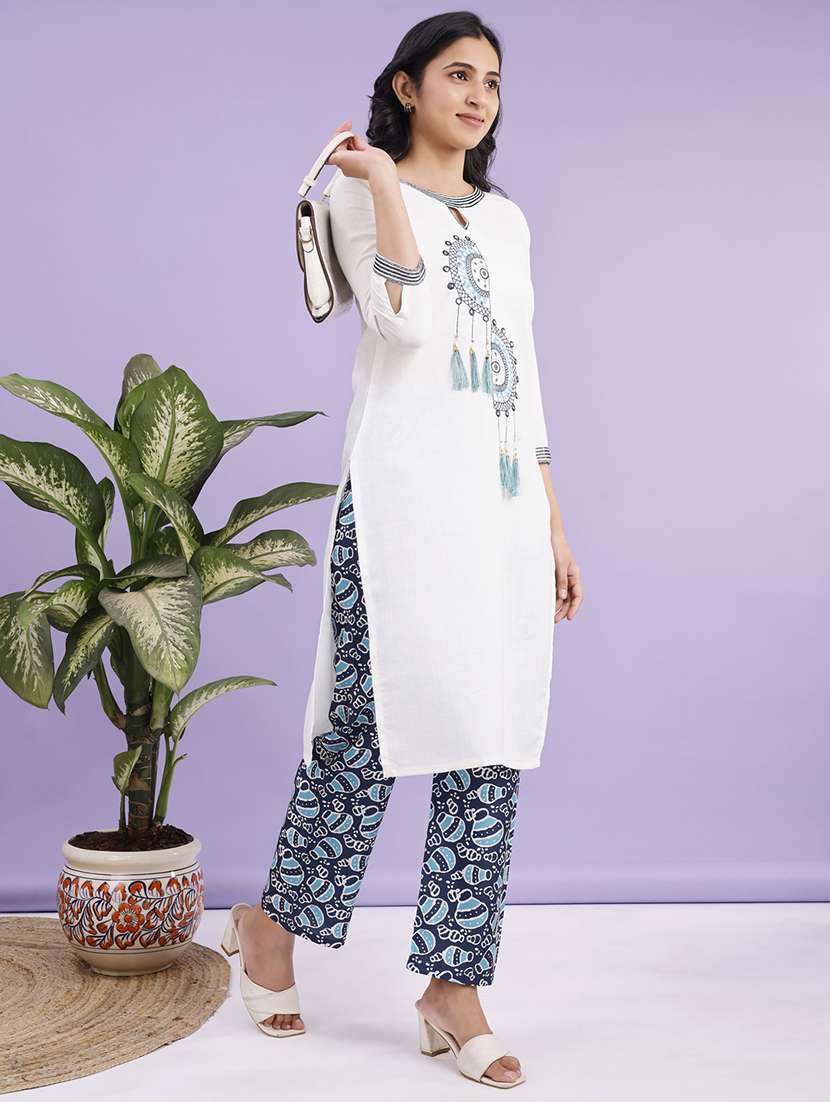 women solid with work three quarter sleeve kurta pant set - 22280383 -  Standard Image - 4