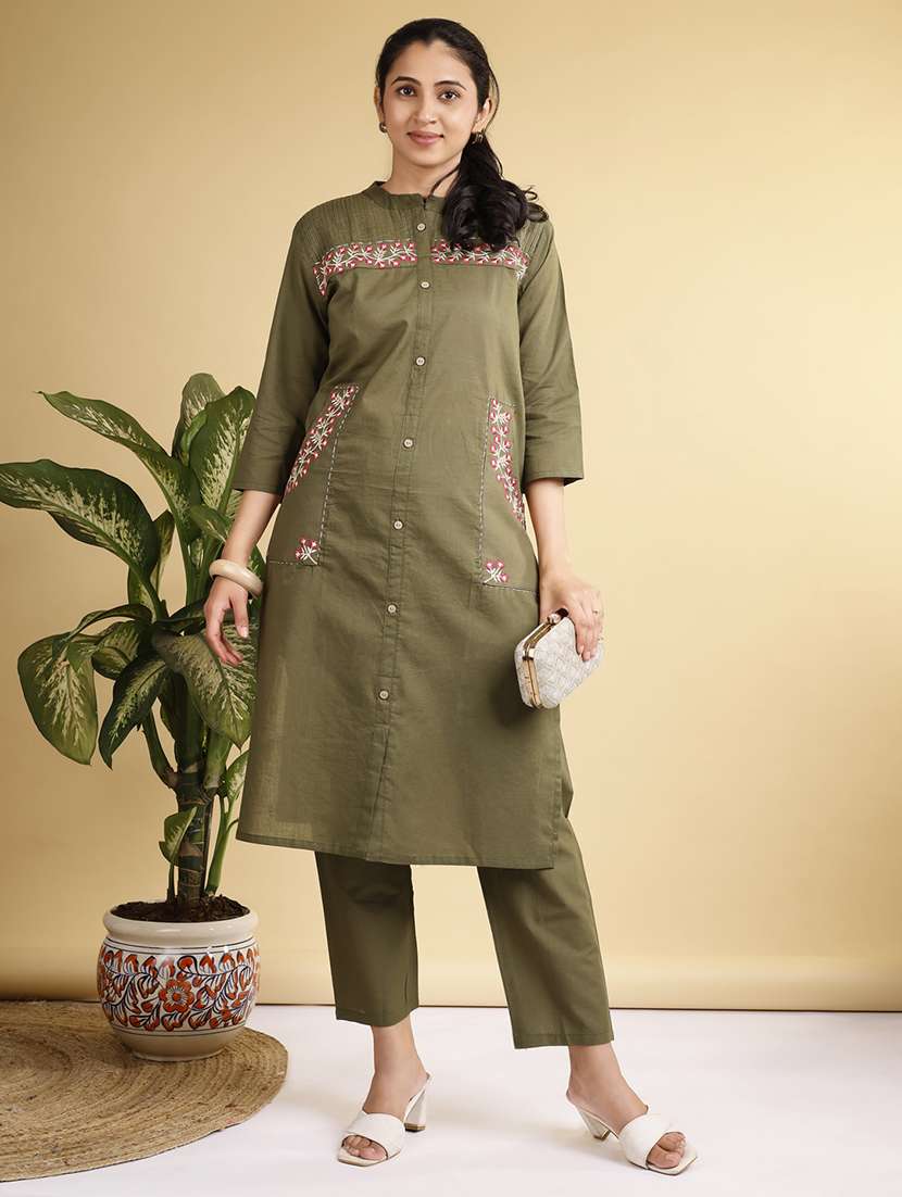 women solid with work three quarter sleeve kurta pant set - 22280385 -  Standard Image - 1