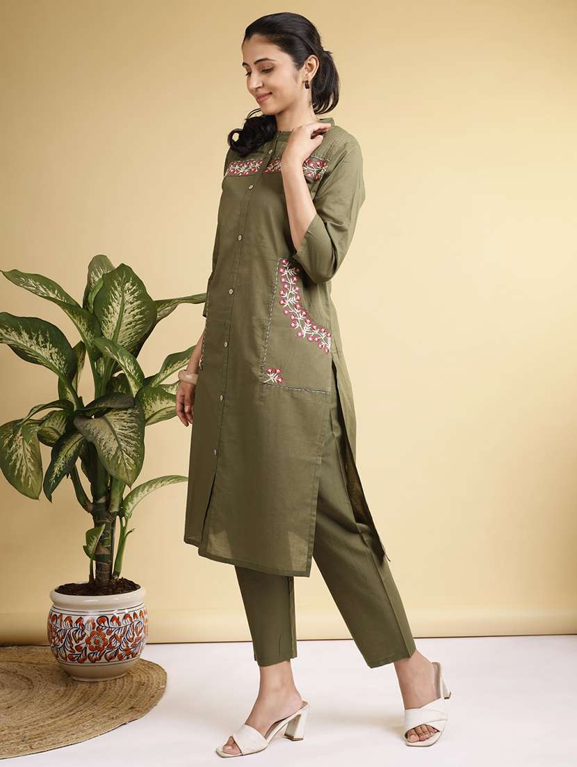 women solid with work three quarter sleeve kurta pant set - 22280385 -  Standard Image - 4