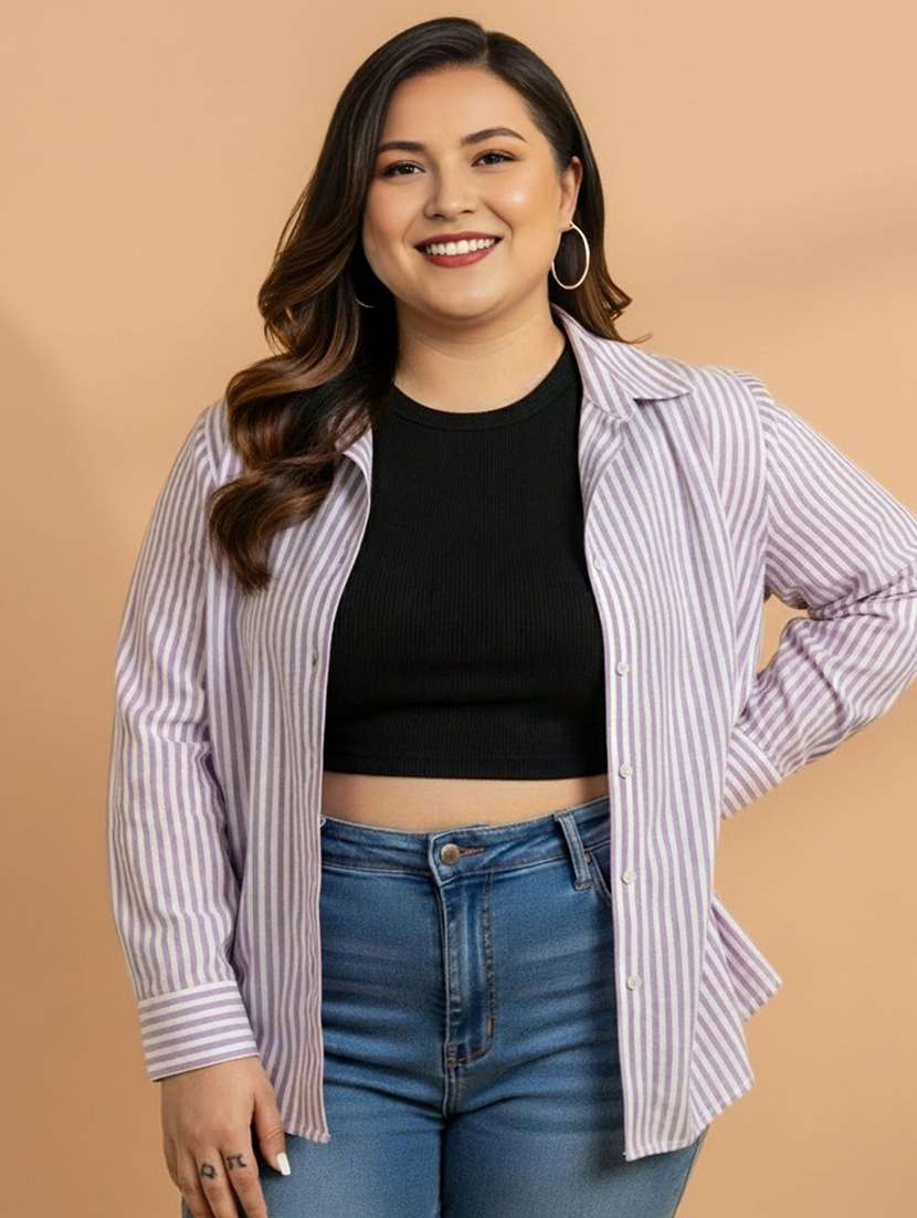 women plus size striped collared long sleeve shirt - 22280417 -  Standard Image - 1