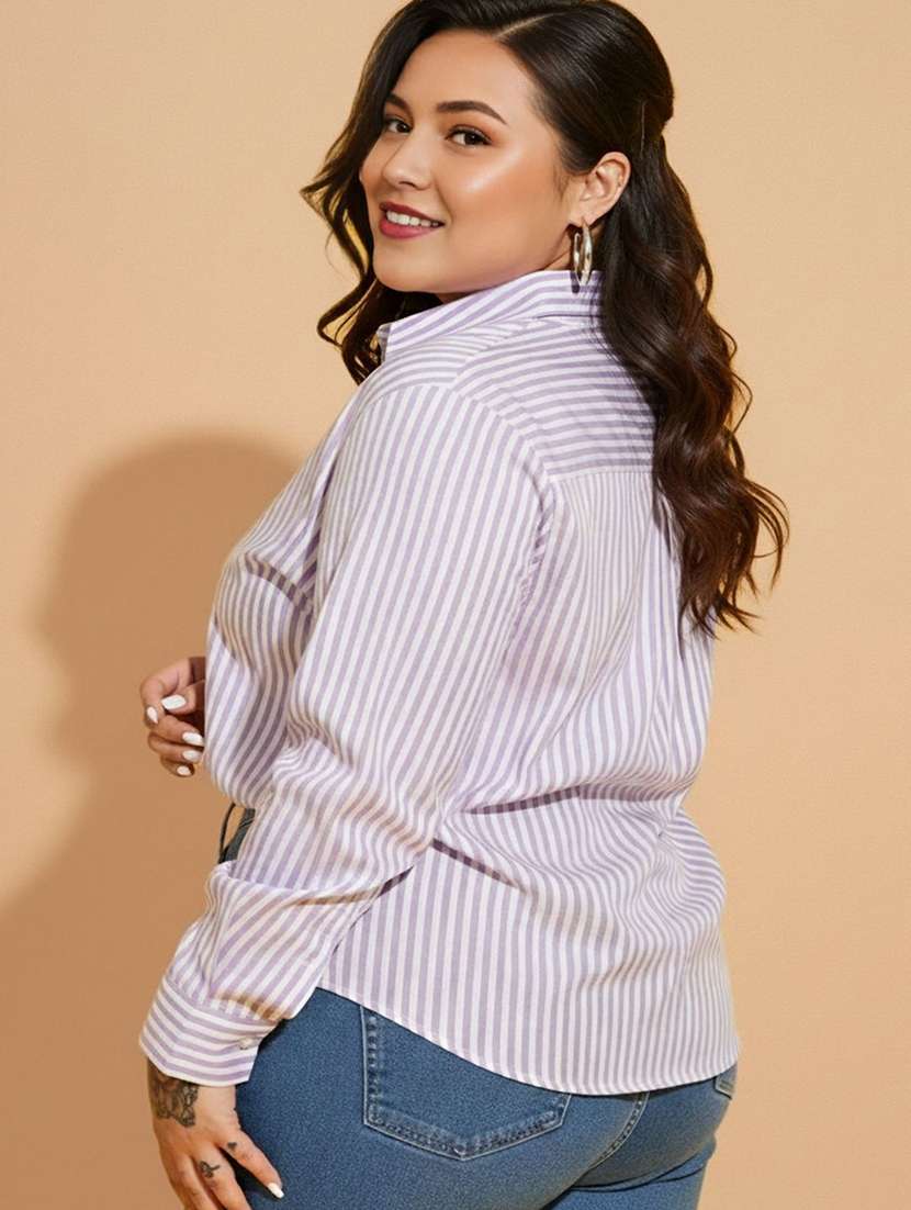 women plus size striped collared long sleeve shirt - 22280417 -  Standard Image - 4