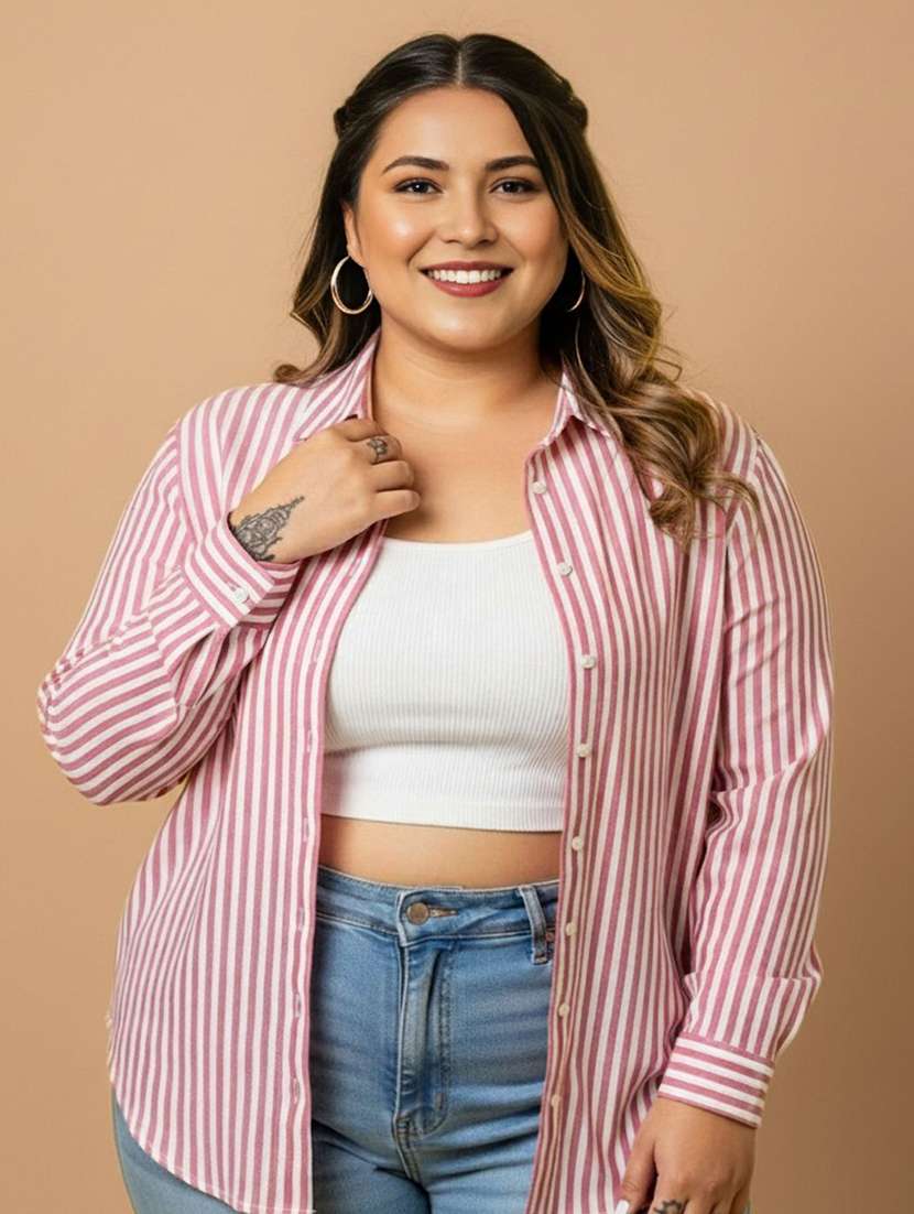 women plus size striped collared long sleeve shirt - 22280419 -  Standard Image - 1