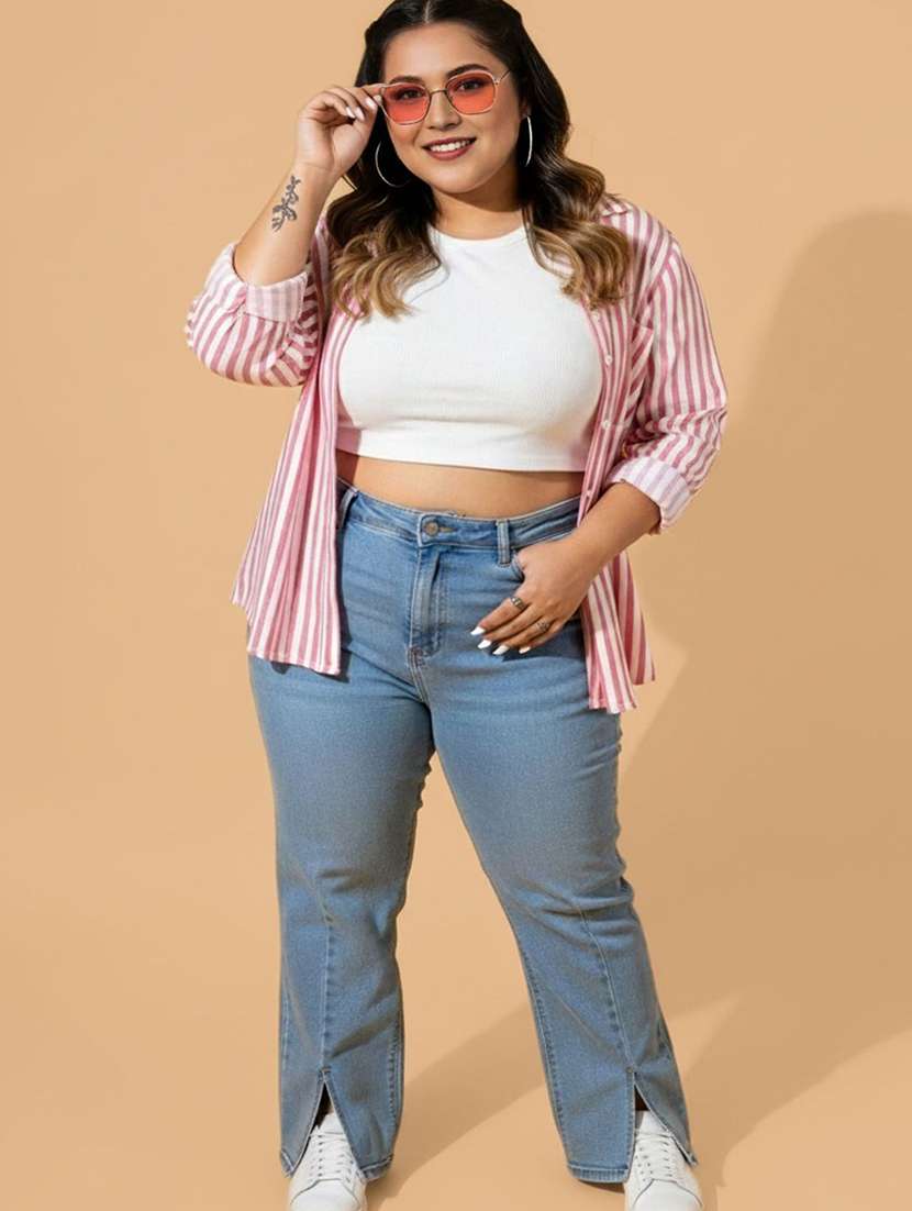 women plus size striped collared long sleeve shirt - 22280419 -  Standard Image - 4