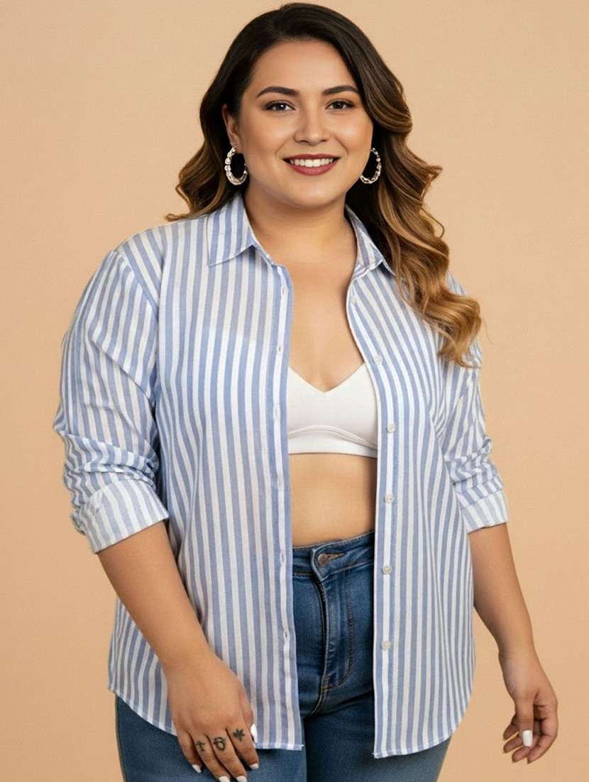 women plus size striped collared long sleeve shirt - 22280420 -  Standard Image - 1