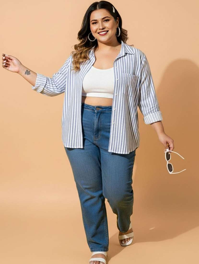 women plus size striped collared long sleeve shirt - 22280420 -  Standard Image - 4