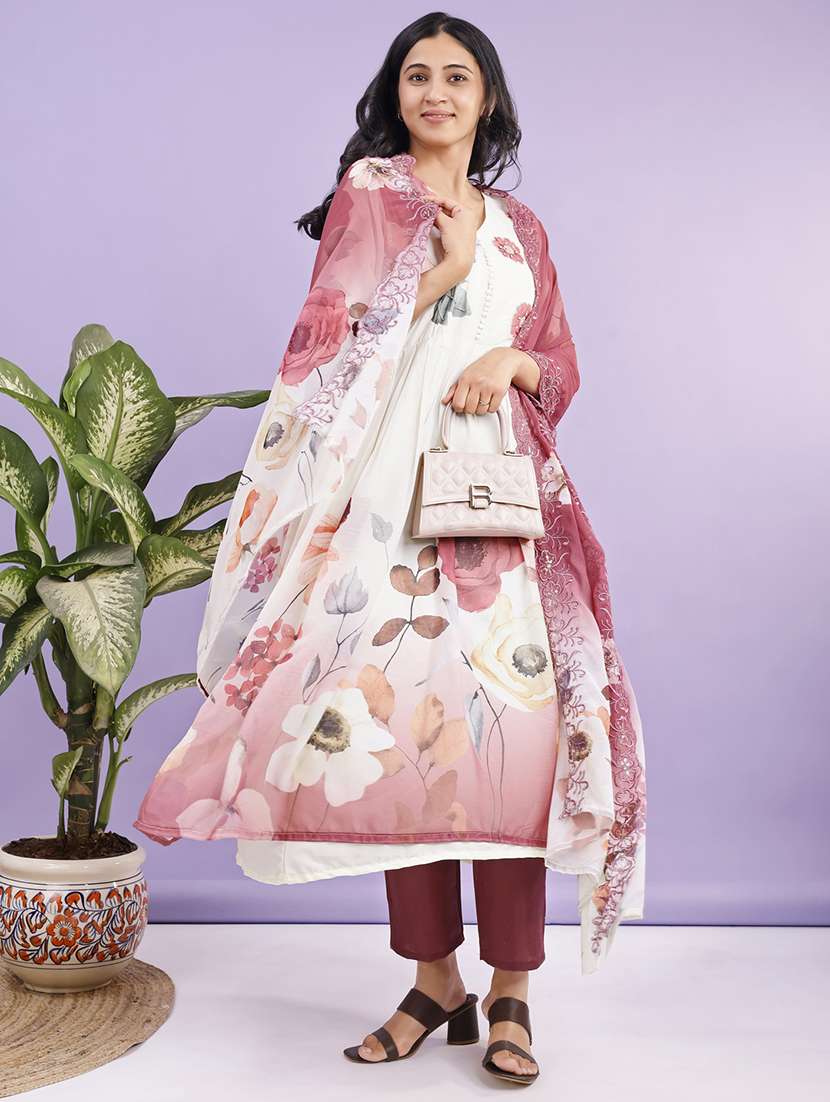 women floral three quarter sleeve kurta pant with dupatta set - 22280439 -  Standard Image - 1