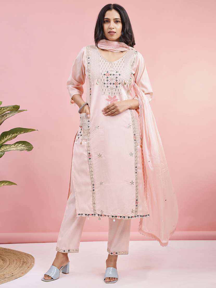 women solid with work three quarter sleeve kurta pant with dupatta set - 22280444 -  Standard Image - 1