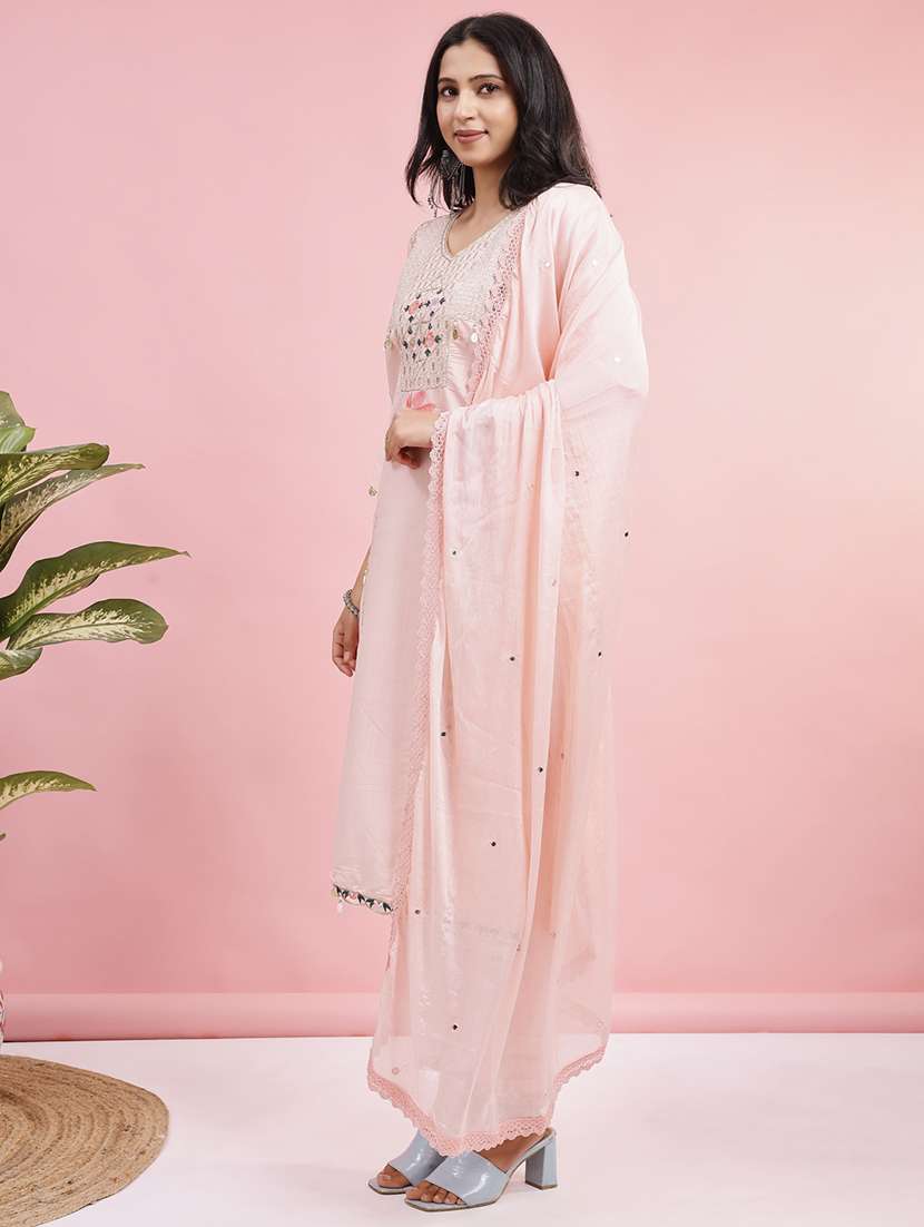 women solid with work three quarter sleeve kurta pant with dupatta set - 22280444 -  Standard Image - 4