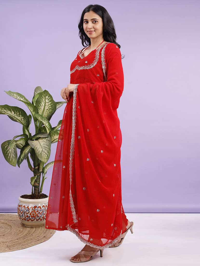 women solid with work three quarter sleeve kurta with dupatta set - 22280445 -  Standard Image - 4