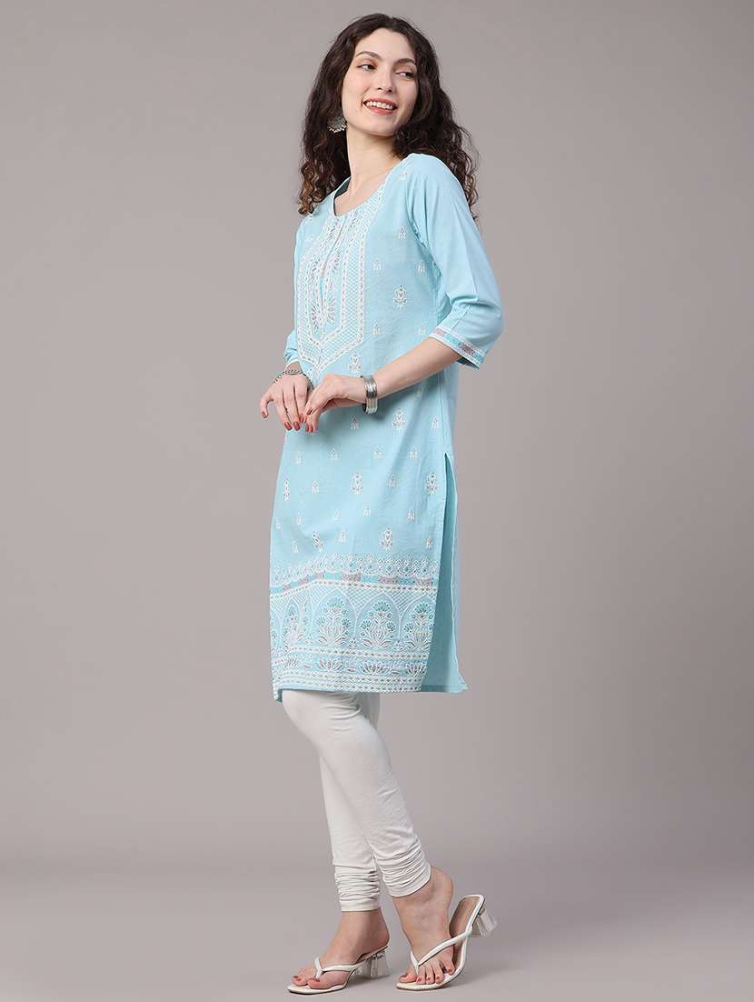 women embroidered three quarter sleeves straight kurta - 22280575 -  Standard Image - 4