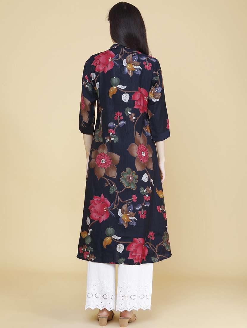 Women Printed Three Quarter Sleeve A-line Kurta - 22280587 -  Standard Image - 4