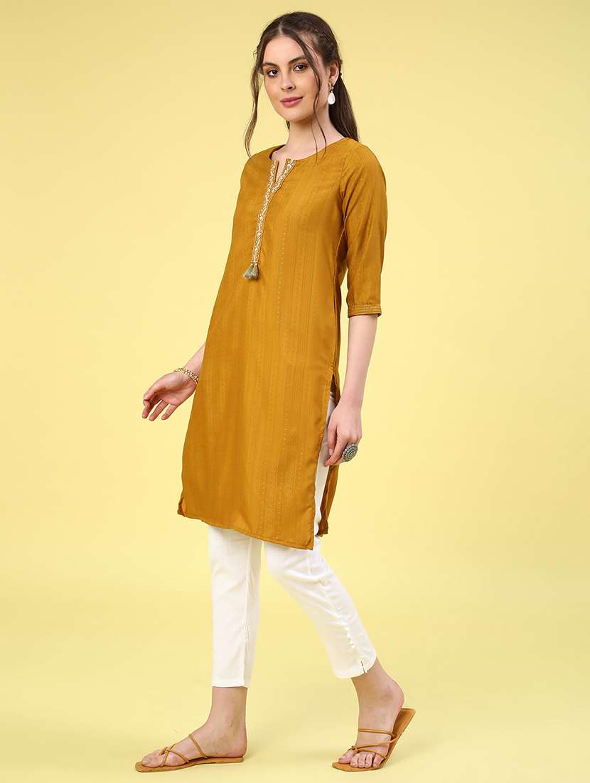 mustard cotton straight kurta - 22280589 -  Standard Image - 4