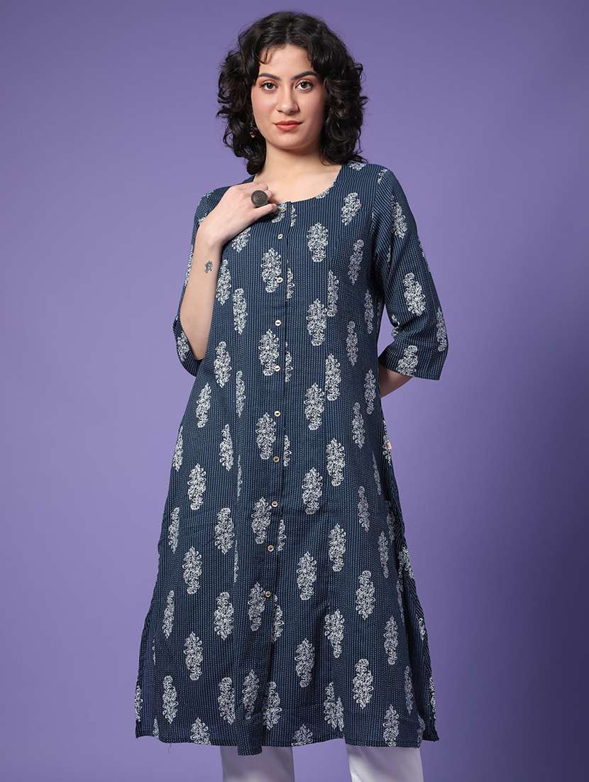 women printed three quarter sleeve a-line kurta