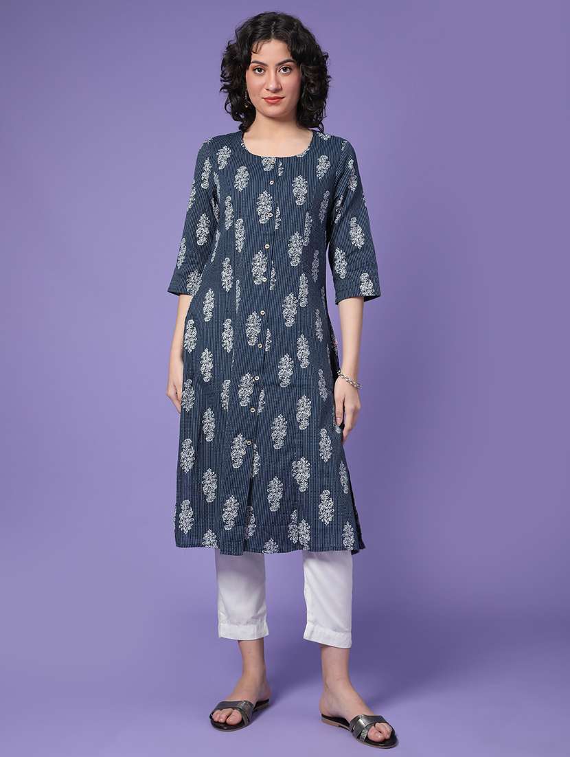 women printed three quarter sleeve a-line kurta - 22280590 -  Standard Image - 4
