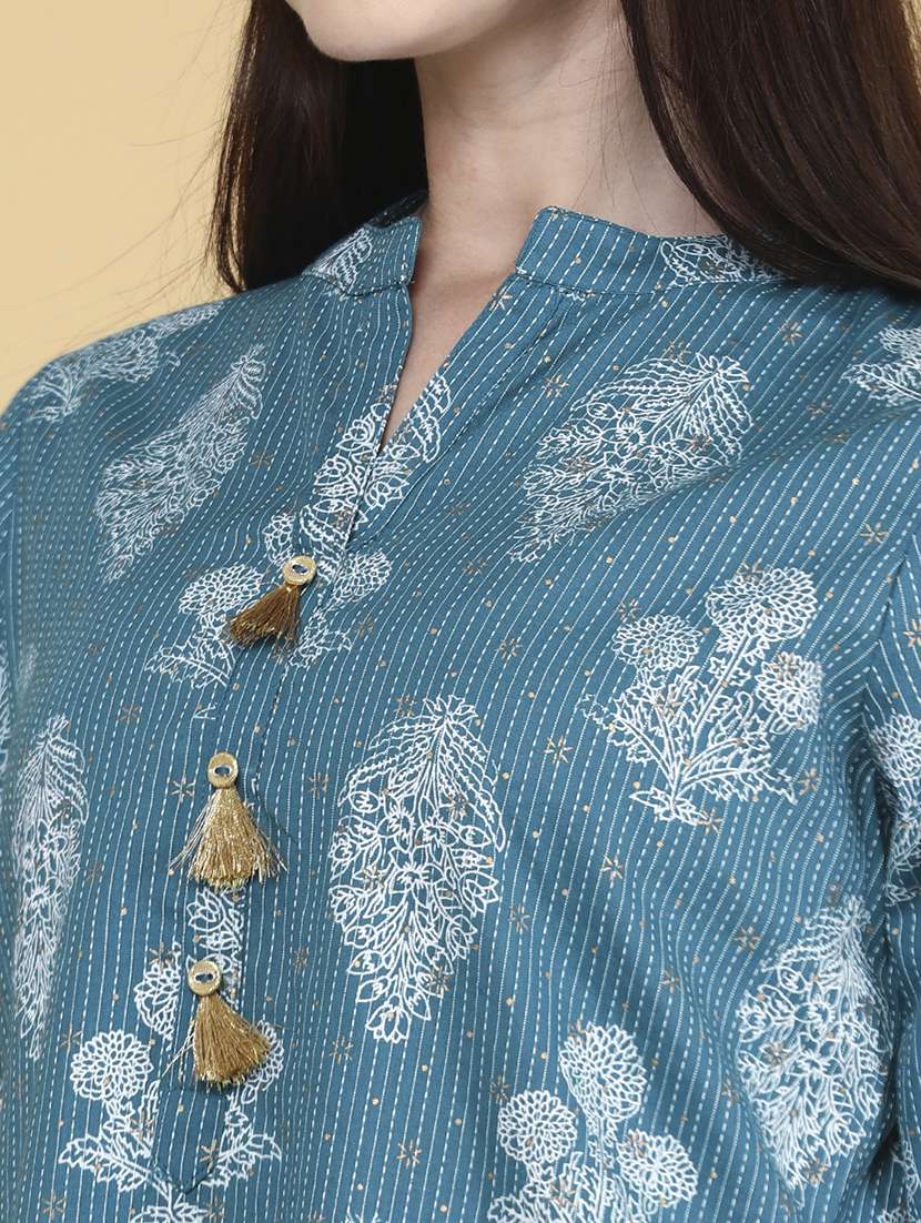 women teal cotton straight kurta - 22280592 -  Standard Image - 1