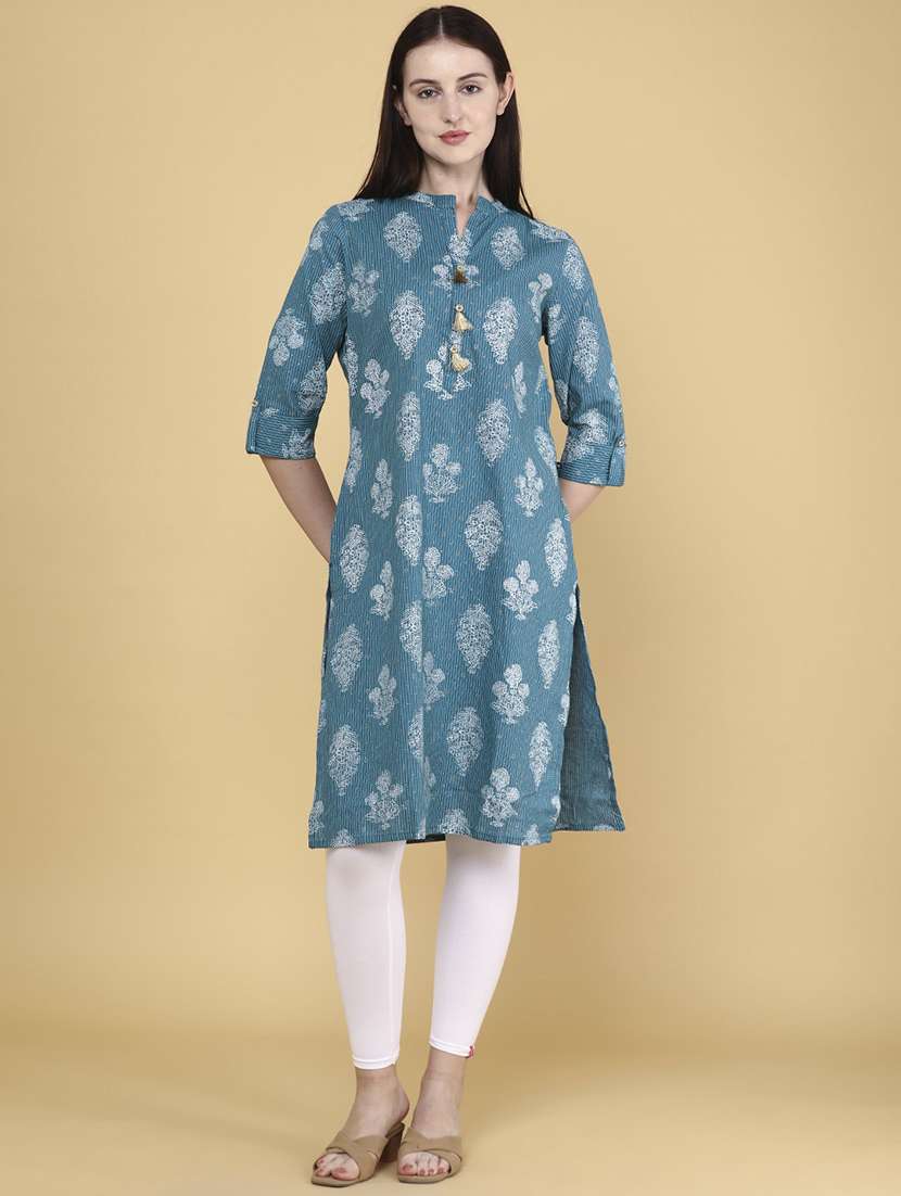 women teal cotton straight kurta - 22280592 -  Standard Image - 4