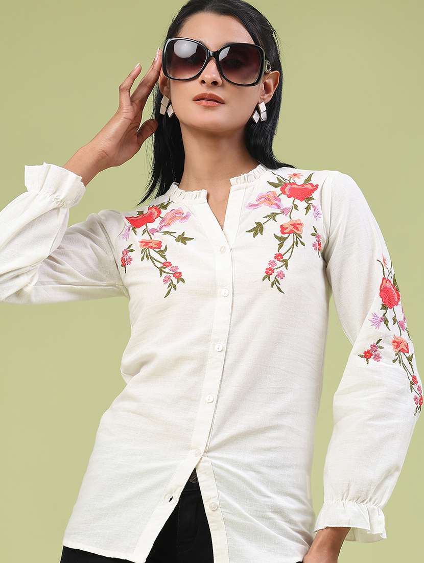 women embroidered bishop sleeve top
