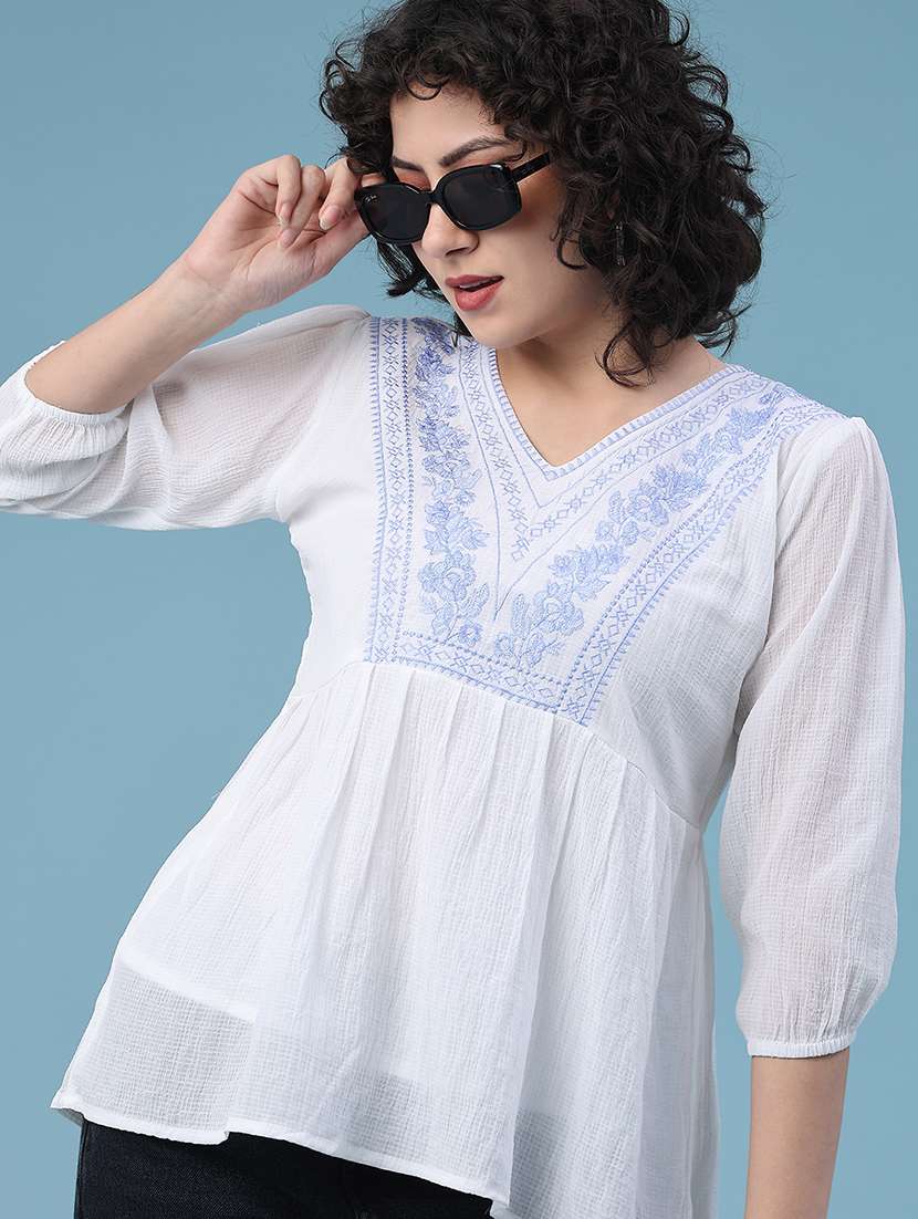 women embroidered puff sleeve a-line top