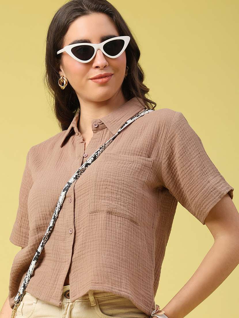women solid short sleeves regular shirt