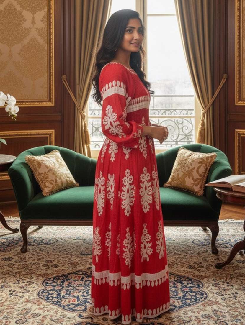 women printed puff sleeve fit & flare dress - 22280741 -  Standard Image - 1