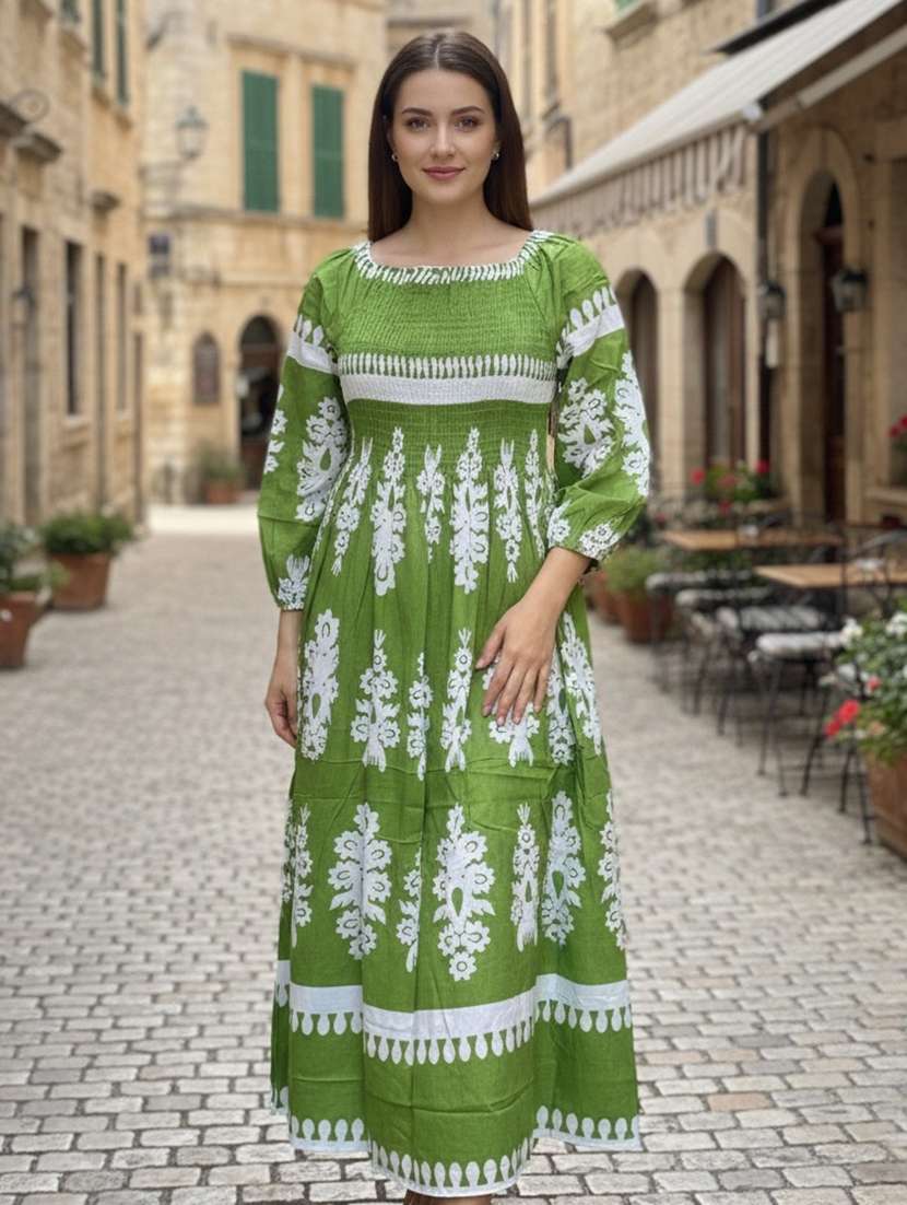 women printed puff sleeve fit & flare dress