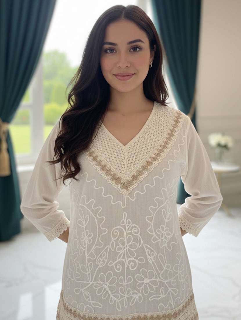 women embroidered three quarter sleeve short kurti - 22280745 -  Standard Image - 1