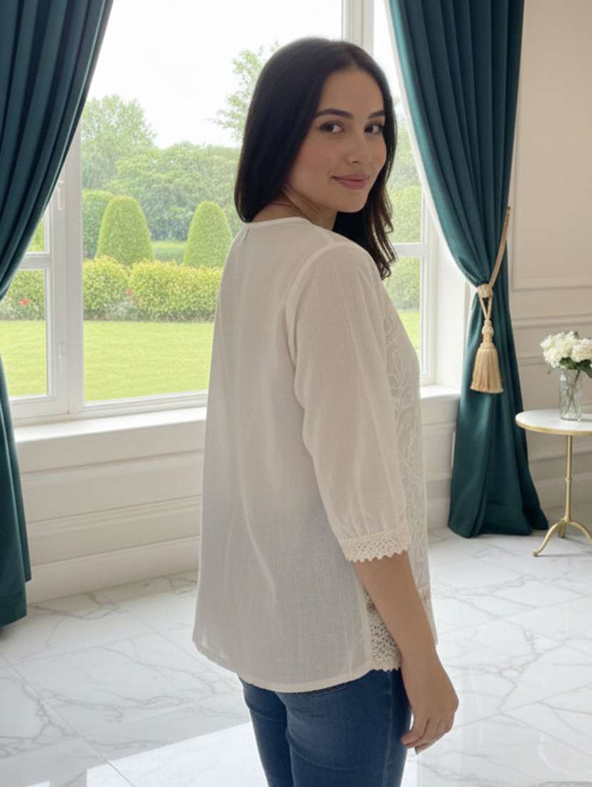 women embroidered three quarter sleeve short kurti - 22280745 -  Standard Image - 4