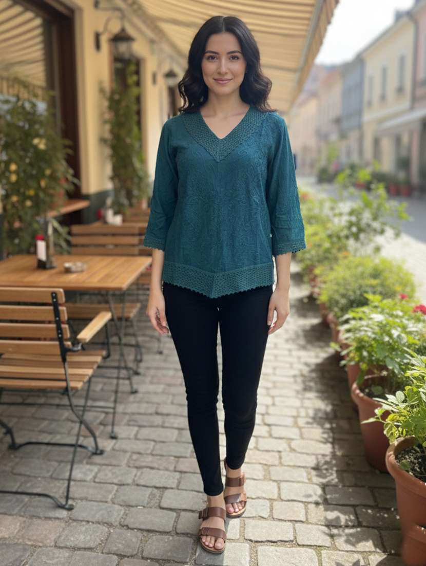 women embroidered three quarter sleeve short kurti - 22280755 -  Standard Image - 1