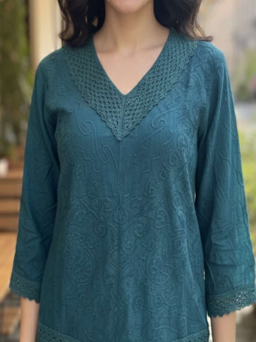 women embroidered three quarter sleeve short kurti - 22280755 -  Standard Image - 1