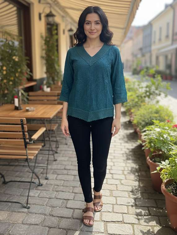 women embroidered three quarter sleeve short kurti - 22280755 -  Standard Image - 4