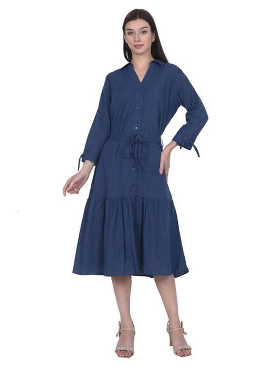 women solid three quarter sleeve tiered dress