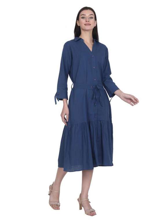 women solid three quarter sleeve tiered dress - 22280766 -  Standard Image - 1