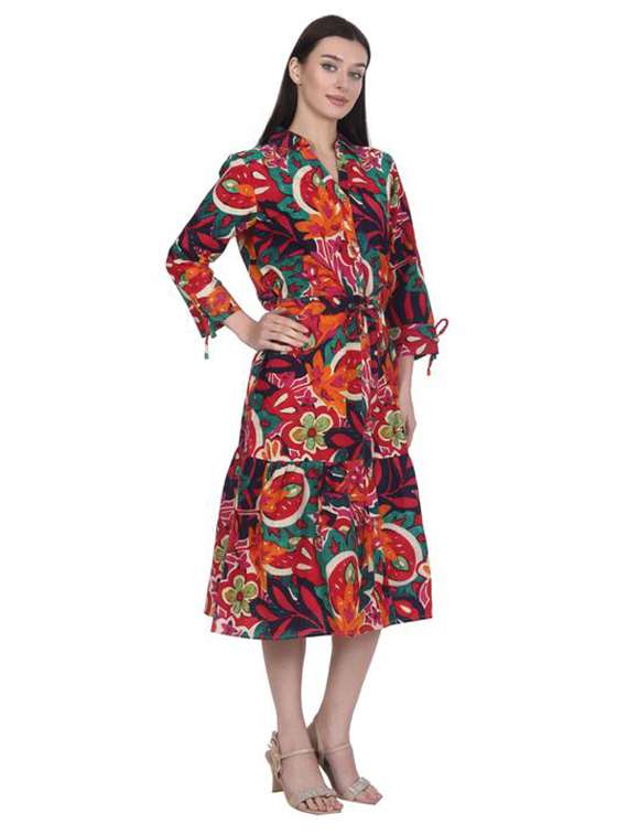 women printed three quarter sleeve tiered dress - 22280767 -  Standard Image - 1