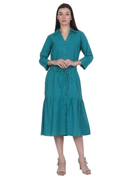 women solid three quarter sleeve tiered dress