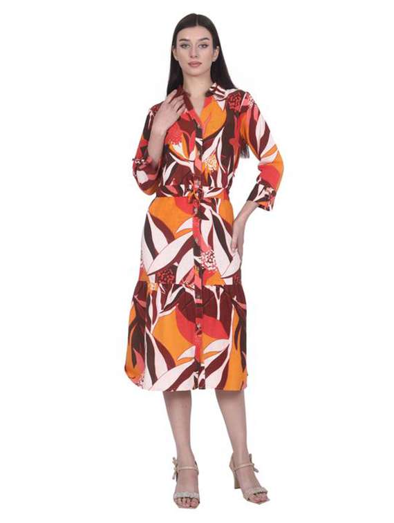 women printed three quarter sleeve tiered dress