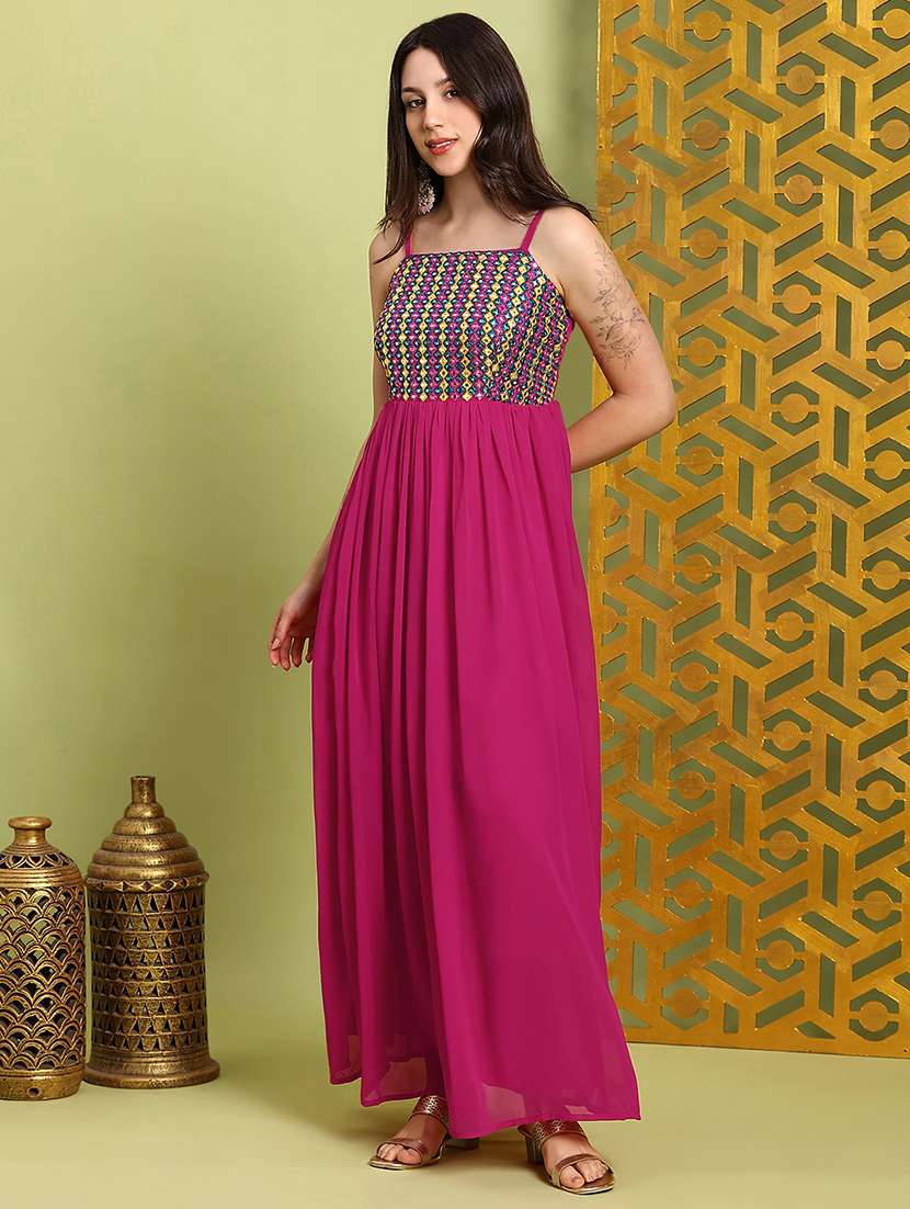 women solid with work shoulder strap fit & flare ethnic dress - 22280952 -  Standard Image - 1