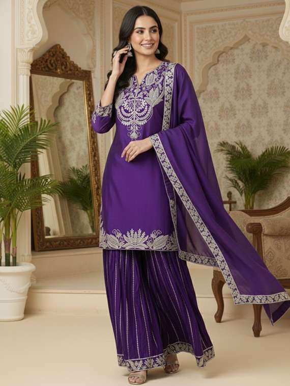 women solid with work three quarter sleeve kurta sharara with dupatta set - 22280953 -  Standard Image - 1