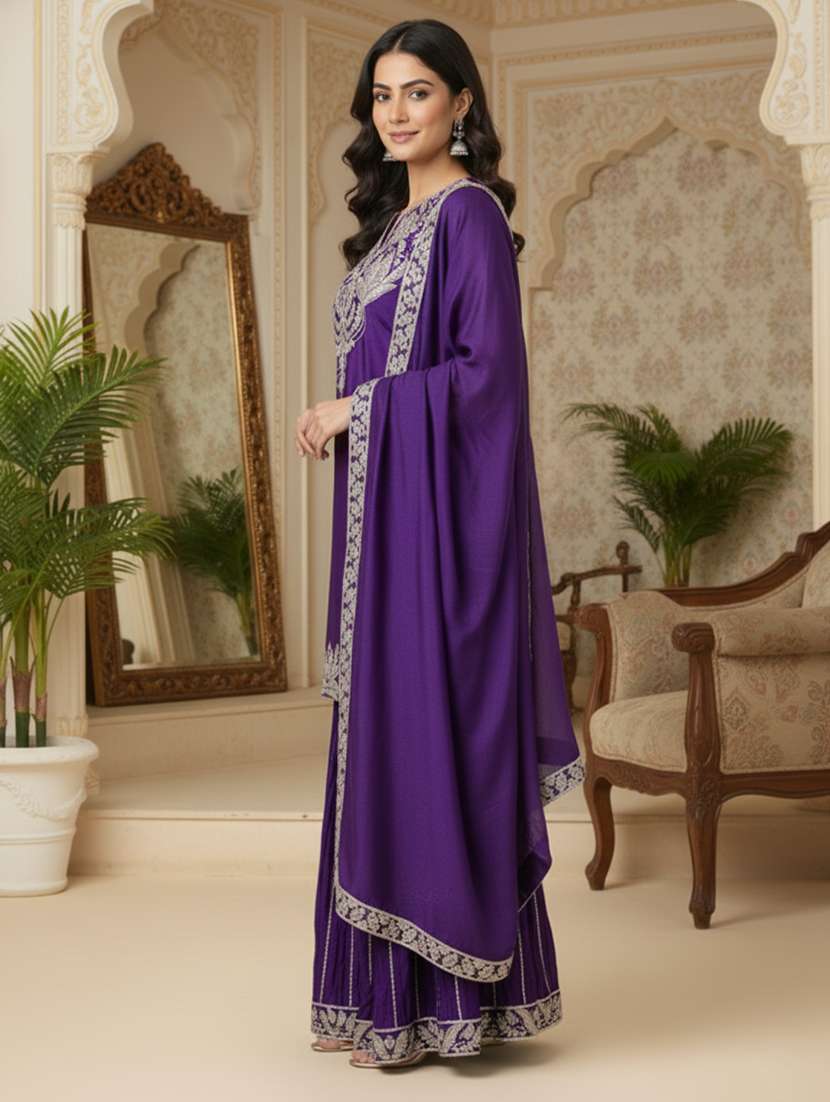 women solid with work three quarter sleeve kurta sharara with dupatta set - 22280953 -  Standard Image - 4