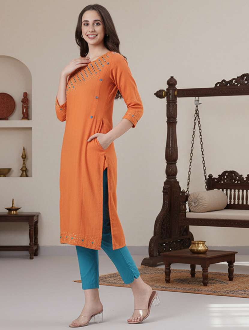 women embroidered three quarter sleeve straight kurta - 22280992 -  Standard Image - 1