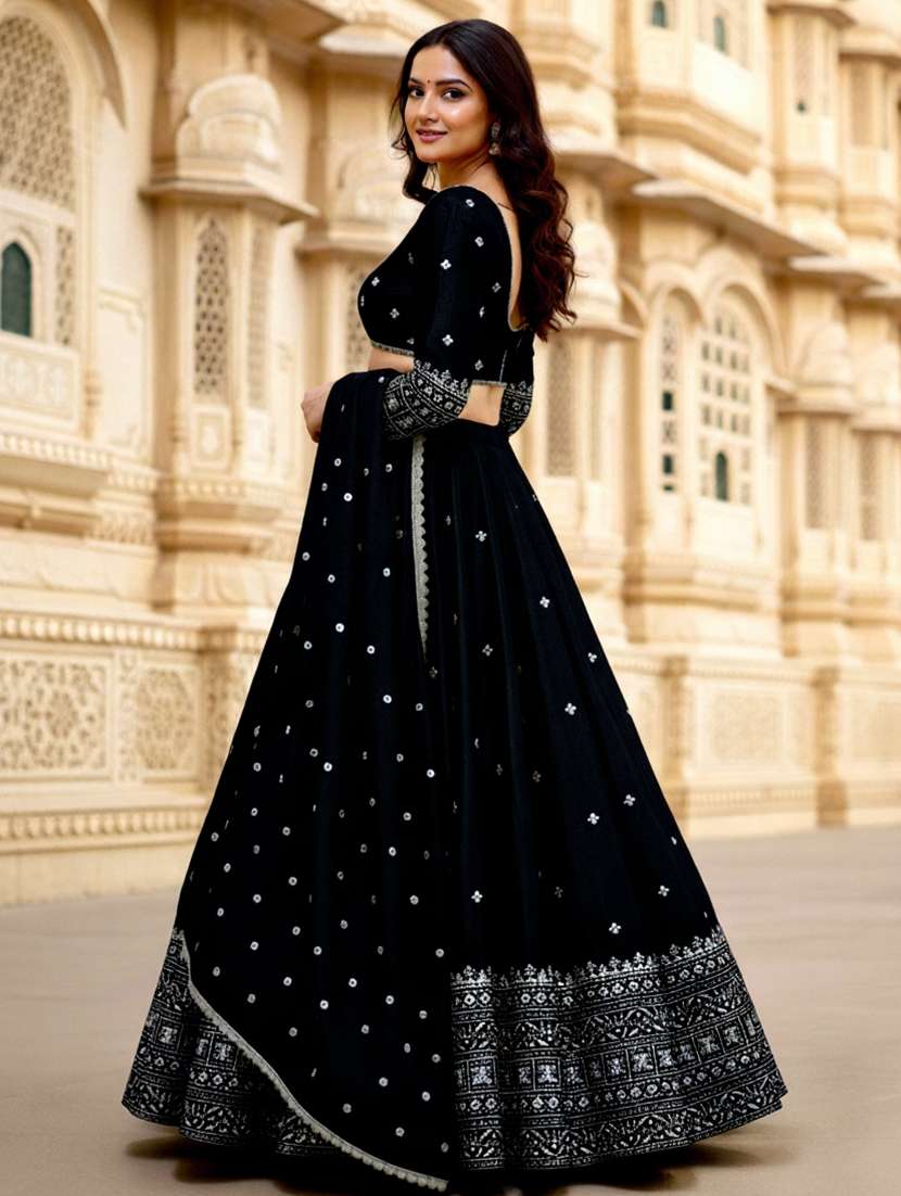 women solid with work semi stitched flared lehenga - 22280996 -  Standard Image - 1