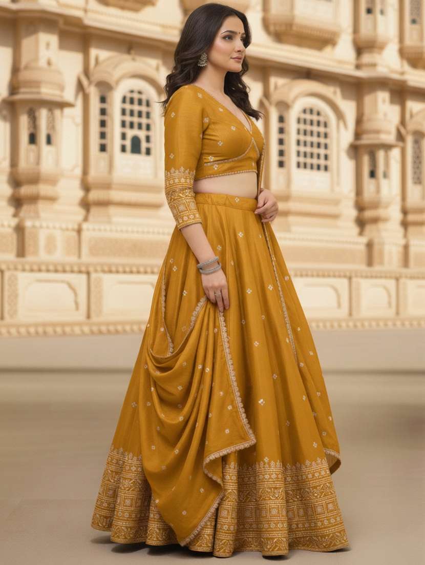 women solid with work semi stitched flared lehenga - 22281000 -  Standard Image - 1