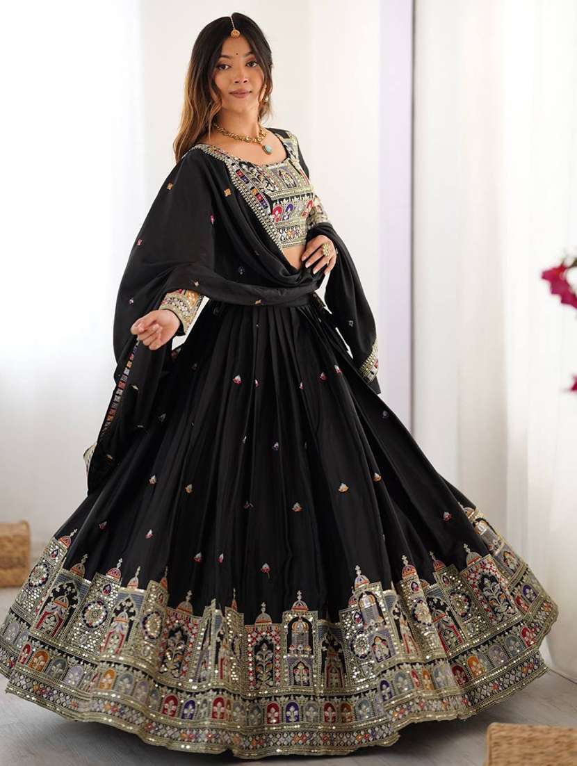 women solid with work semi stitched flared lehenga